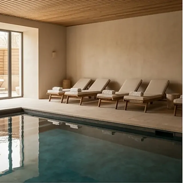 Piscine intérieure d’un spa, transats alignés sous une lumière douce
