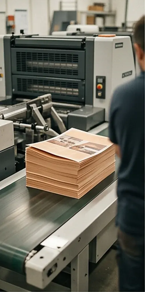 Pile de brochures fraîchement imprimées à la sortie de la presse