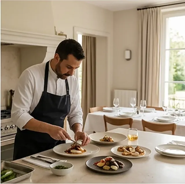 Chef en tablier qui dresse des assiettes dans une salle à manger dressée