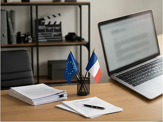 Bureau d’avocat, dossiers, stylo et drapeaux français et européen