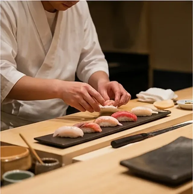 Chef qui façonne des sushis au comptoir, planche de bois et couteau