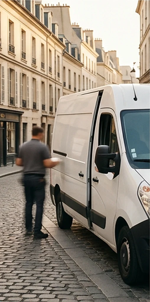 Livreur qui sort un colis d’une camionnette blanche dans une rue pavée