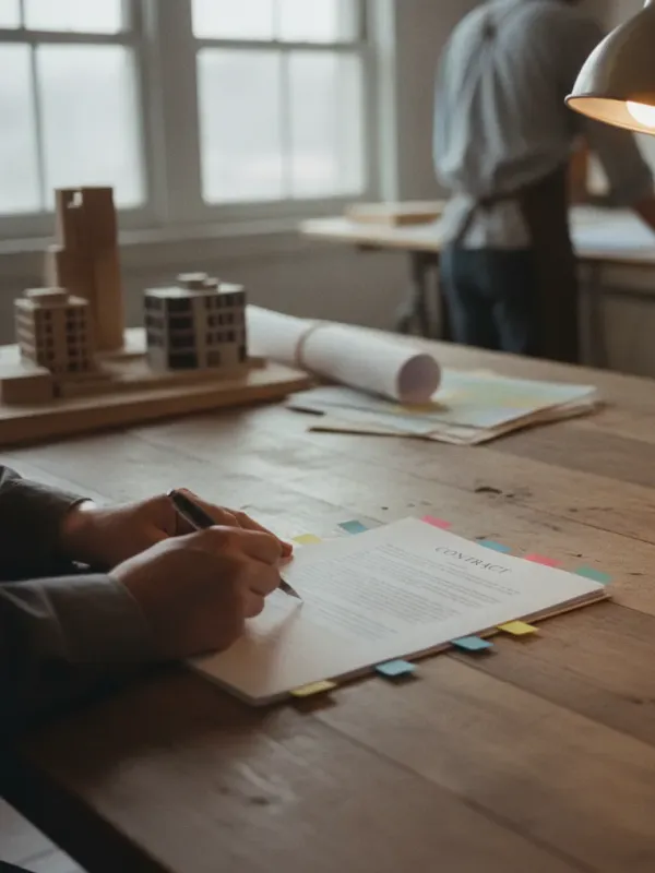 Contrat à marque-pages colorés qu’on relit, un stylo qui souligne une clause, sous une lampe