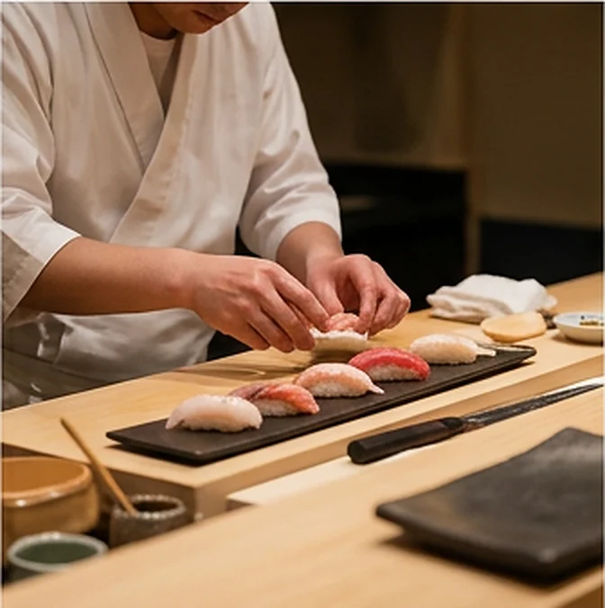 Chef qui façonne des sushis au comptoir, planche de bois et couteau